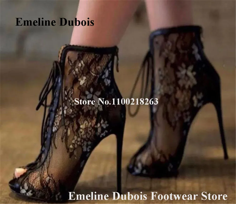 

Women Elegant Mesh Short Boots Emeline Dubois Peep Toe Black White Lace Stiletto Heel Ankle Booties Lace-up Wedding Pumps