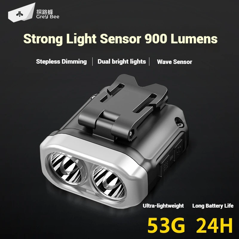 LED COB Headlight Motion Sensor Rechargeable 900LM Ultralight Head Flashlight Clip Hat Light Headlamp for Fishing Camping