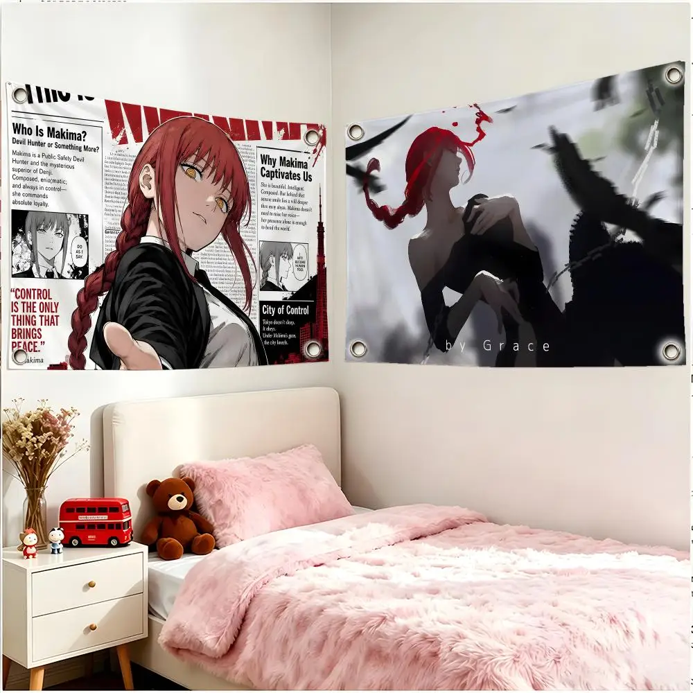 Anime Character Chainsaw Man Makima Flags Four Ring Borderless Art Decor Indoor Outdoor Use Simple Hang And Install