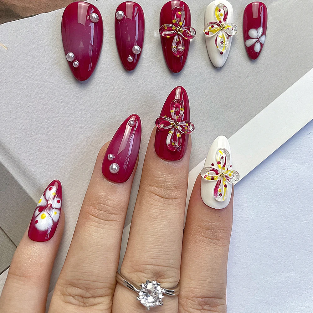 New Rose Red Color Artificial Full Cover Press On Nails 3D Flowers Pearl Almond Pattern Reusable Fake Nail Tips Ring Suit