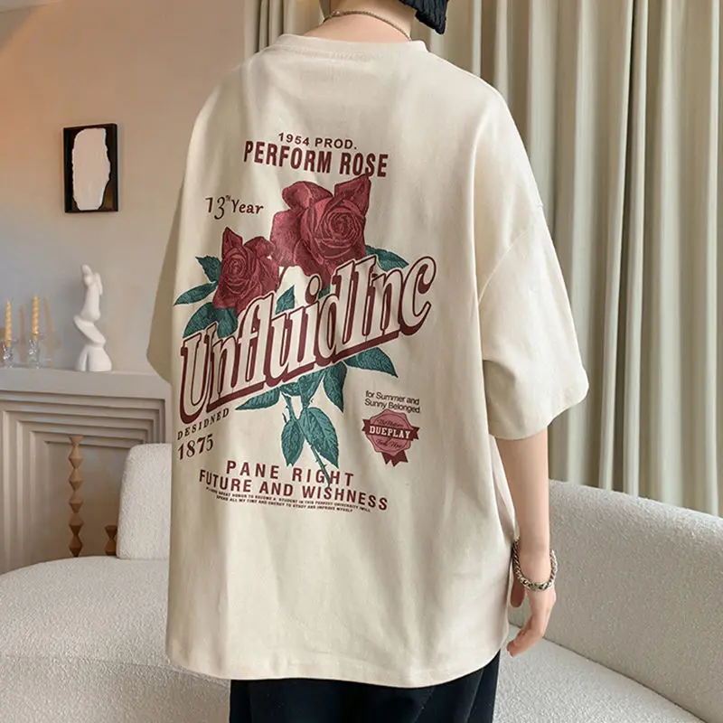 

Hip hop men and women retro rose print short sleeved American summer loose personality couple casual T-shirt top harajuku y2k