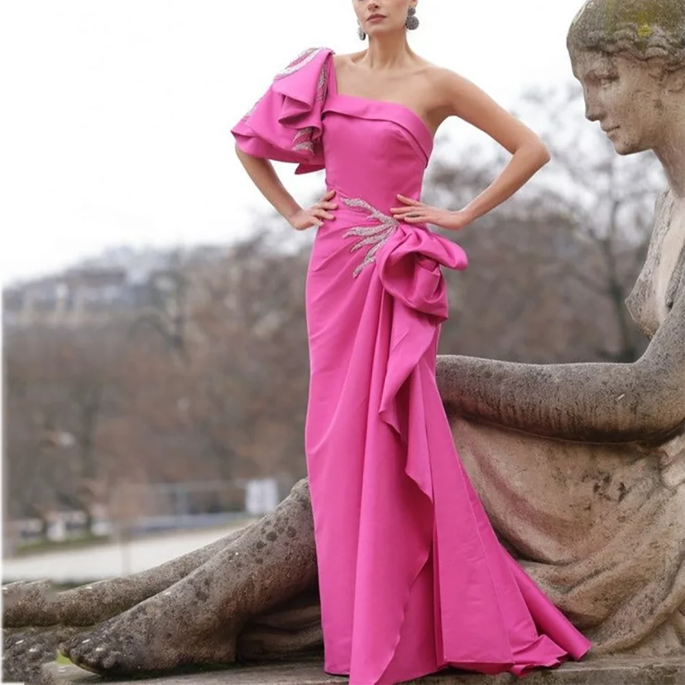 Vestidos de Noche Vintage de un hombro, plisados, sin mangas, hasta el suelo, apliques elegantes, vestido de fiesta de sirena para mujer, estilo modelo