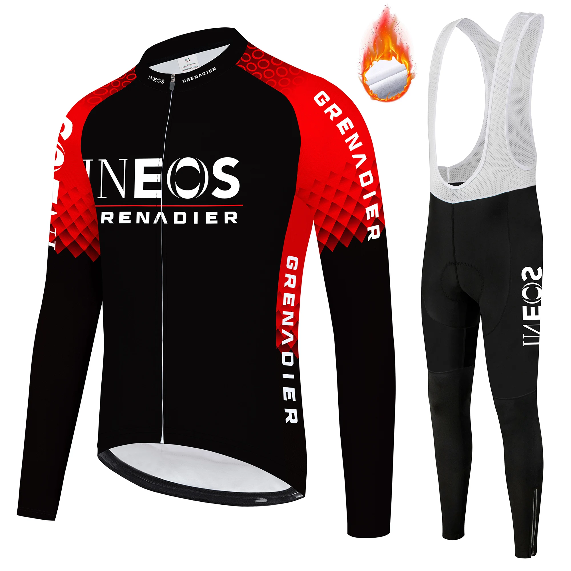 

INEOS Team Men's Fleece Cycling Jersey Suit Warm Fleece Long Sleeved Overalls And Warm Fleece Shoulder Strap Long Pants