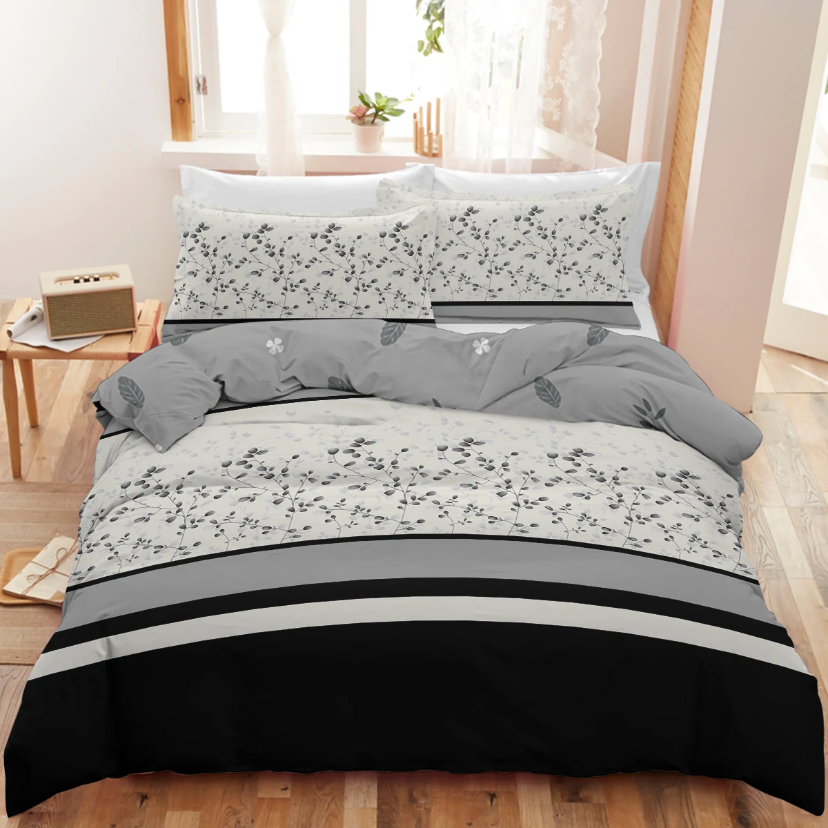 

BeddingOutlet Gray Floral Duvet Cover Set Soft Washed Microfiber Black White Farmhouse Comforter Bedding Set With 2 Pillowcases