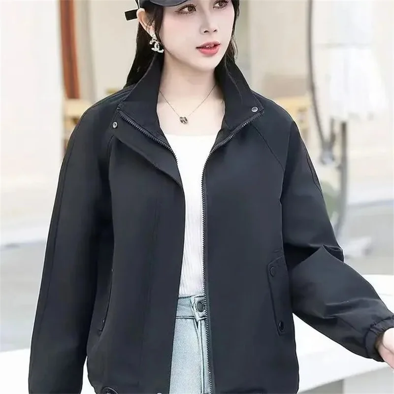 Short Collar Coat Women's Spring Autumn 2025 New Explosion Windbreaker Jacket Zipper Casual Outwear Fashion Female Overwear Tops