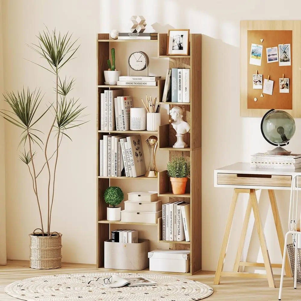 

6-Tier Bookshel, Wooden Bookcase with Staggered Shelves, Open Display Shel w/2 Anti-Tipping Kits, Total 11 Shelves, Decorative S