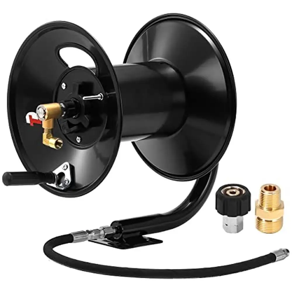 Heavy Duty Steel Pressure Washer Hose Reel 150 FT Hand Crank 4000 PSI Industrial Grade Power Washer Reel 3/8" Hose Mountable on