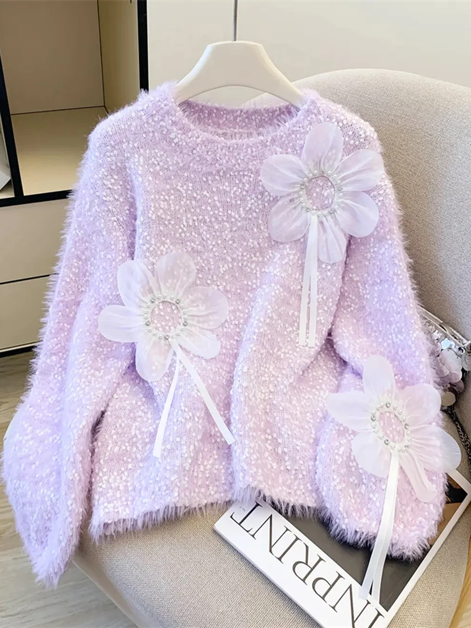 

Thiened Purple Floral Knitted Sweater Women's Autumn Winter New Sle Korean Versatile Soft Sle Casual round Ne Sweater