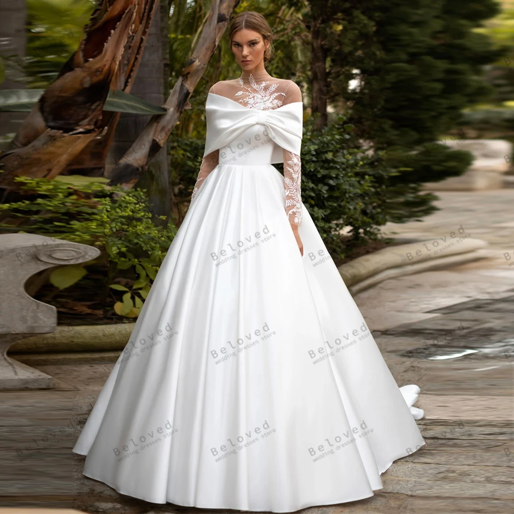 

Classic Wedding Dresses A-Line Satin Bridal Gowns High Neck Full Sleeves Lace Appliques Princess Robes Vestidos De Novia 2024