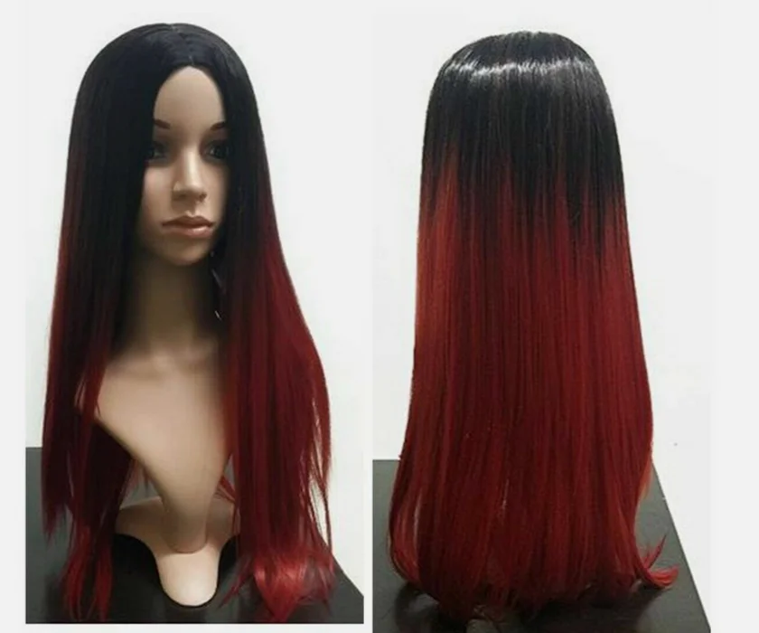 Ombre Wine Red Wigs Long Straight Burgundy Synthetic Wig for Women Cosplay Party