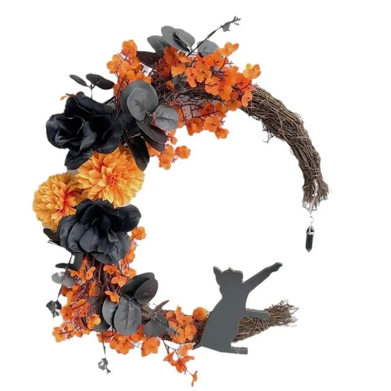 

Венок на Хэллоуин в виде Луны, кота