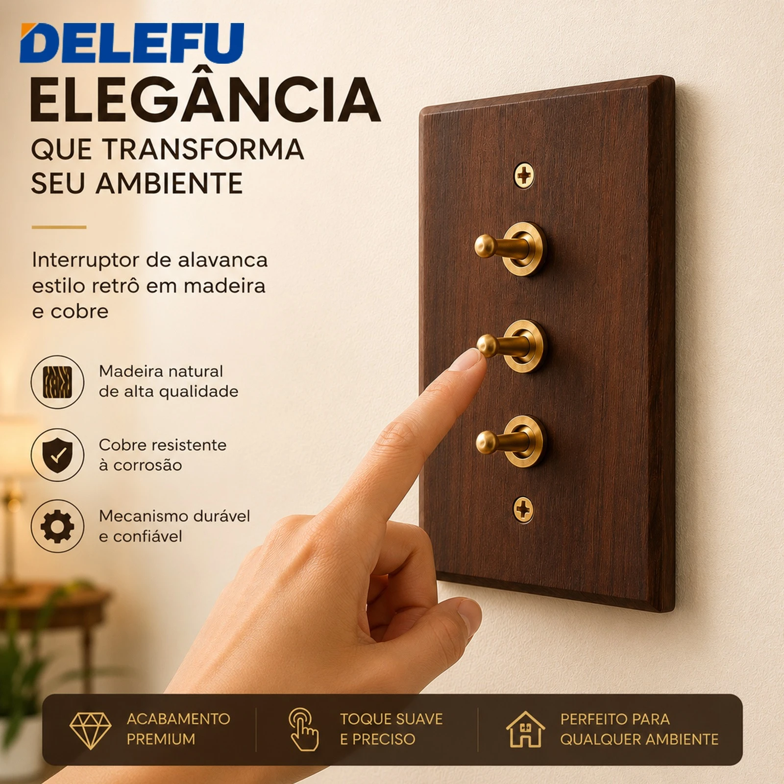 DELEFU Solid Walnut Wood Wall Switch Socket Retro Brass Toggle Switch 1/2/3 Gang Brazilian Type N Outlet 20W USB Type-C