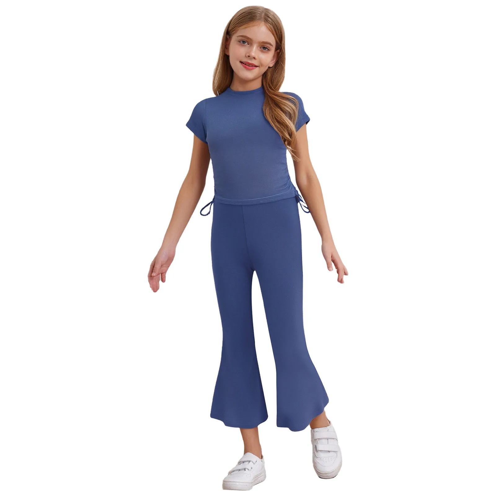 

Girls Summer Korean Fashion Baby Short Sleeve Drawstring T-shirt with Flared Pants Two Piece Set Casual Outfits Solid Tracksuits