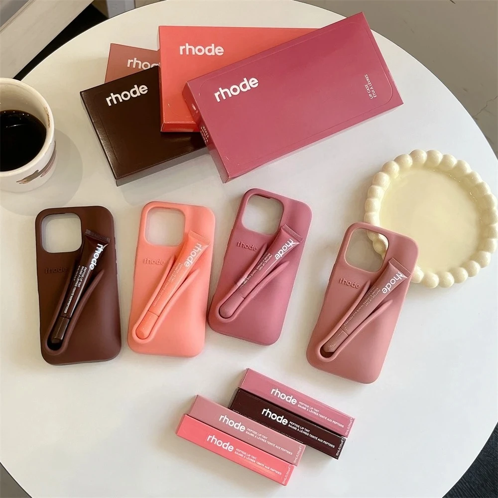 Funda de silicona Original Rhode Lip Gloss Holder para IPhone 16E 16 15 14 Plus 13 12 11 Pro Max con caja lápiz labial protege la contraportada