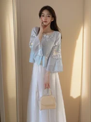 Autumn New Chinese Style Improved Hanfu Women Suit Chiffon Daily High Waisted Slim Blue Embroidered Top Skirt 2-piece Set Dress