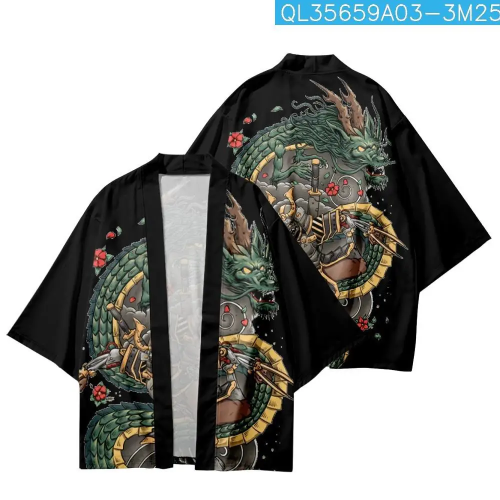 

Black Cartoon Dragon Samurai Printed Kimono Cropped Pants Set Summer Women Men Japanese Haori Streetwear Cardigan Yukata Cosplay