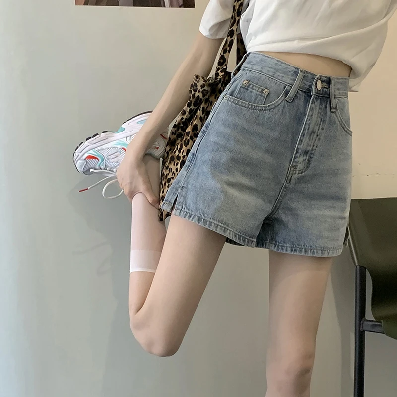 High Waist Denim Shorts for plus Size Women Summer New Style Student Wide Leg Straight Cut Shorts Slit Design Casual Fashion