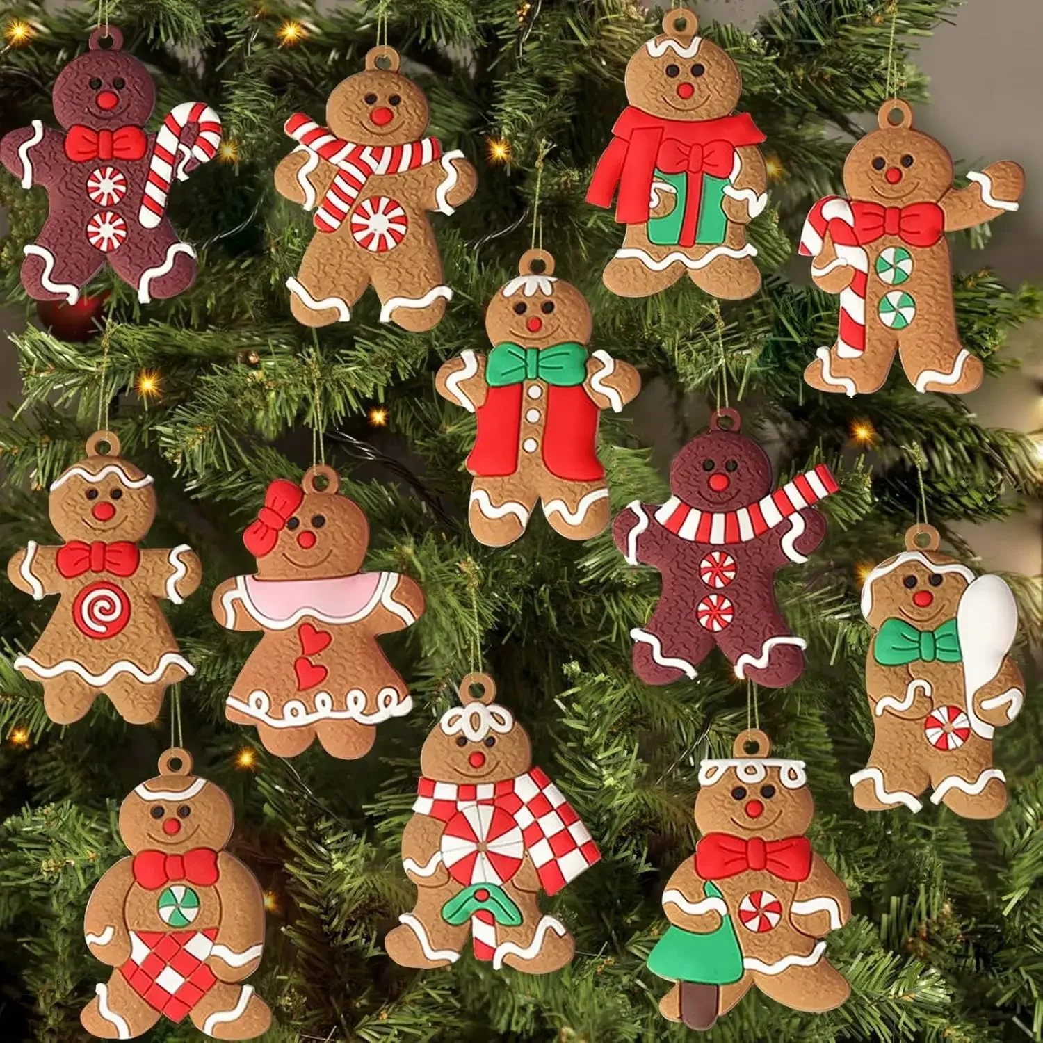 Adornos de hombre de jengibre para árbol de Navidad, figuras de pan de jengibre de plástico surtidas, adornos, decoraciones colgantes para árbol de Navidad