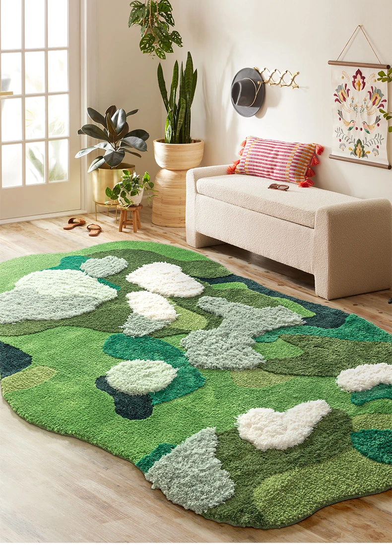 Green Irregular Tufted Carpet For Living Room Natural Aesthetics Art Rugs For Bedroom Thick Soft Sofa Coffee Table Floor Mats