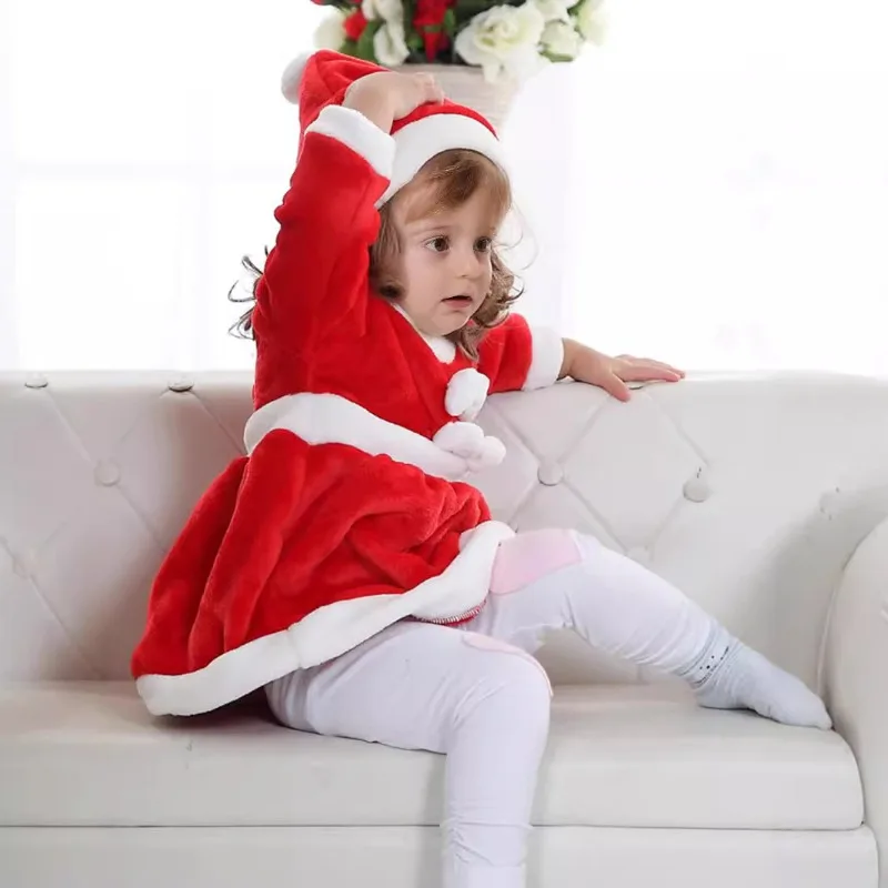 Newborn Infant Baby Girls Santa Claus Dress Costume Red Plush Velvet with White Fur Trim Hat Outfit Party 0 24M