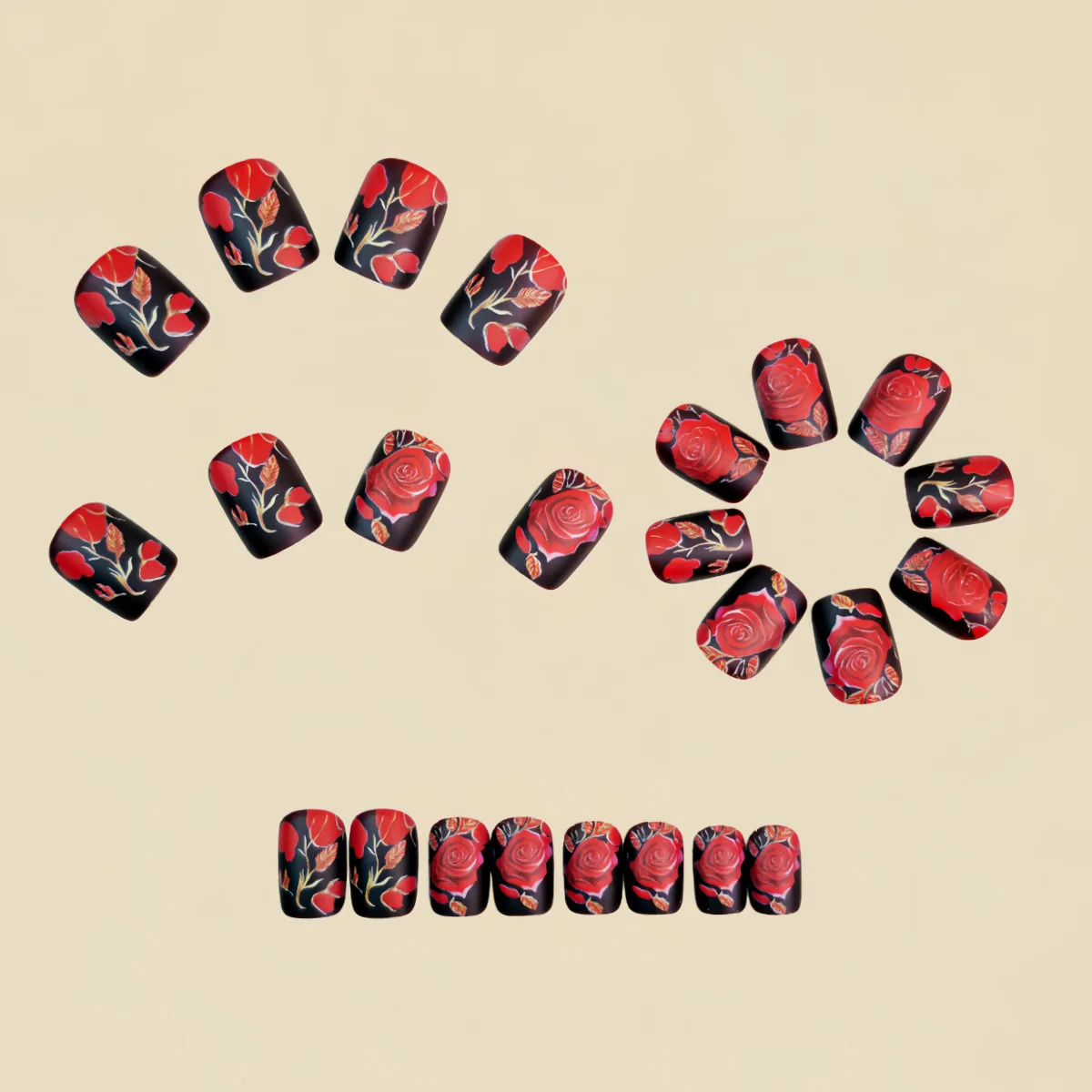 24pcs/set fake nails for women red rose flowers printing for Valentine's Day Short square nail tips full cover press on nail art