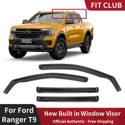 New Built in Window Visor For Ford Ranger T9 / Raptor V6 2023 2024 Channel Ventvisor Rain Guards Car Window Rain Guards 4pcs