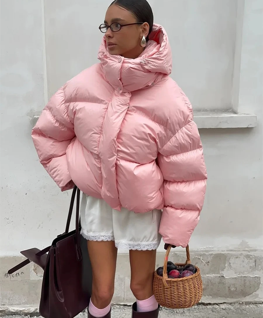 เสื้อแจ็คเก็ตผ้าฝ้ายบุหนาแบบมีฮู้ดสำหรับผู้หญิง เสื้อโค้ททรงขนมปัง อุ่นสบายสำหรับใส่เป็นเสื้อนอก