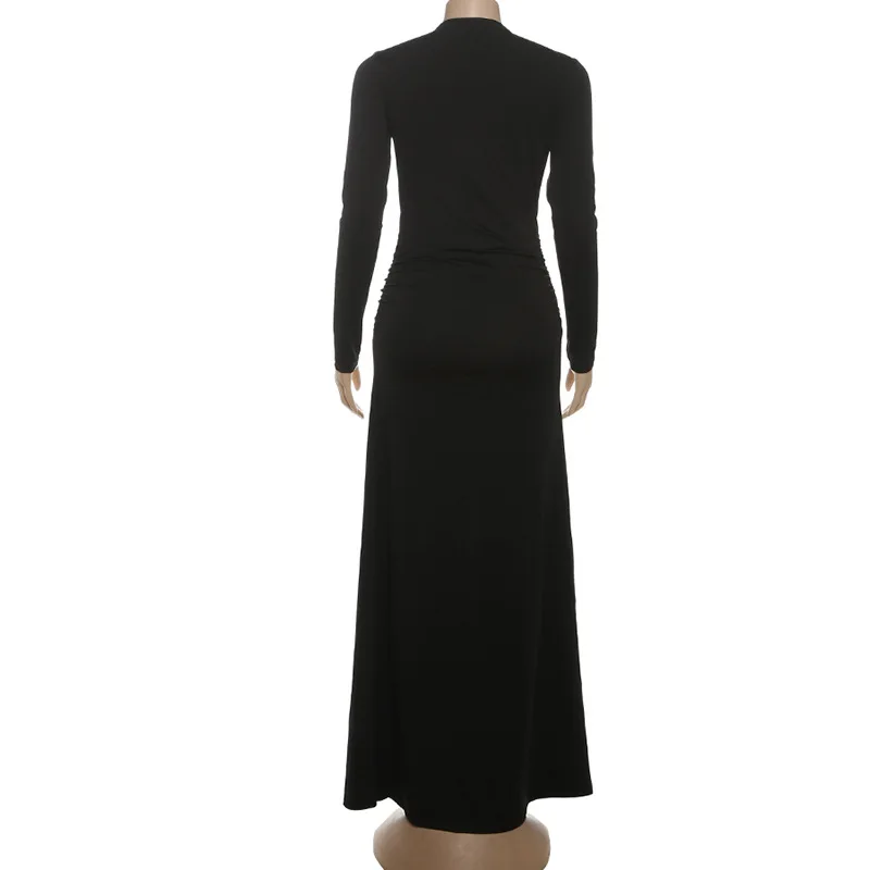 2025 Autumnm Metal Buckle Ruched Bodycon Maxi Dress Women Solid Sexy Deep V Neck Full Sleeve High Split Slim Party Long Robe