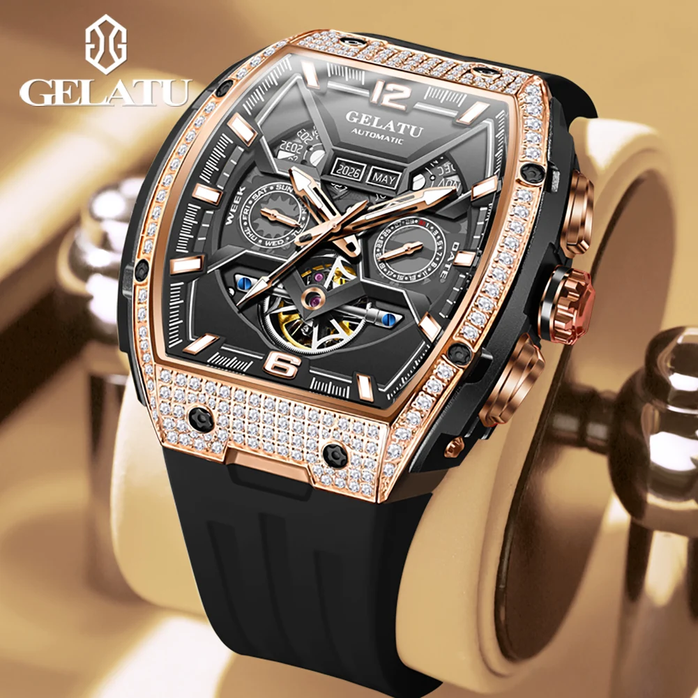 GELATU Mens Watch  Sapphire Flywheel Mechanical Watch﻿ Silicone Strap Waterproof Watch For Man High Quality Luxury Brand