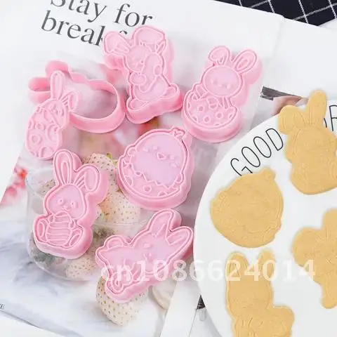 Easter Party Cake Decorations 6Pcs Plastic Cookie Baking Moulds 3D Easter Fondant Cookie Cutter Bunny Chick Mold Baking Tools