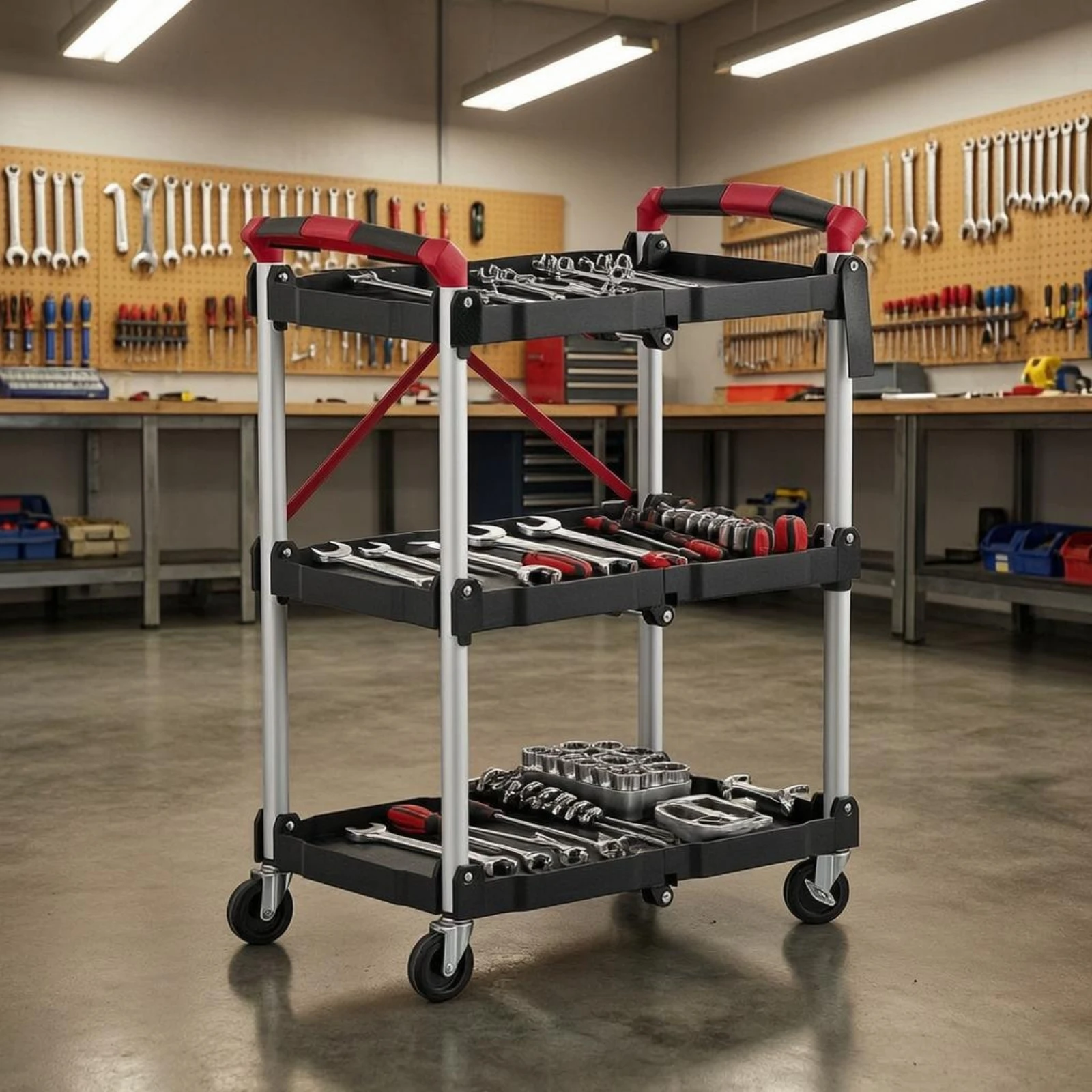 

Three-Tier Folding Push Push Cart Wheeled 3 Tier Rolling Push Cart Storage Trolley Space Saving Household Mover Sturdy