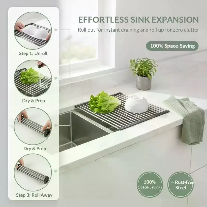 Roll-Up Sink Dish Drying Rack, Foldable Stainless Steel Over-Sink Drain Basket and Heat-Resistant Mat