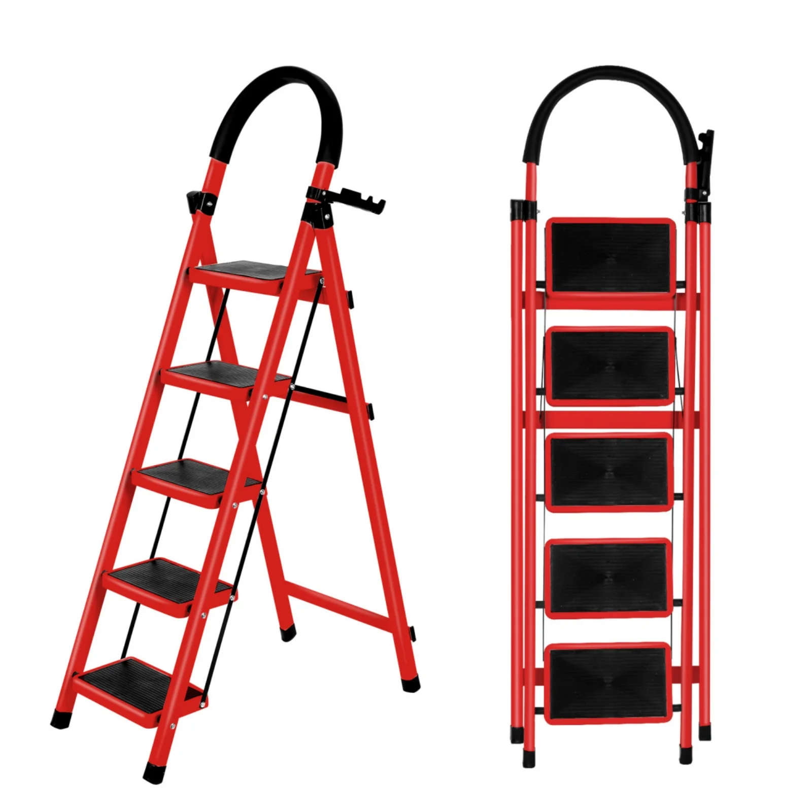 Escalera plegable de cinco peldaños - peldaños anchos y antideslizantes - con pasamanos. Adecuado para cocinas, despensas, armarios y oficinas.