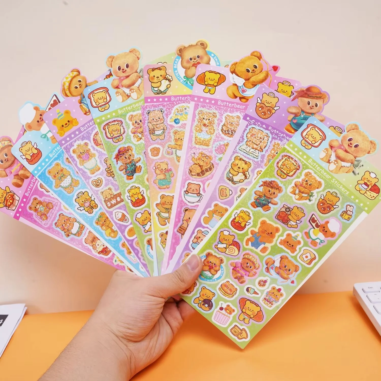 9pcs Butter Bear Laser Sticker Mobile Phone Diary Decoration Diy Ins Cartoon Celebrity Explosion Children Sticker New