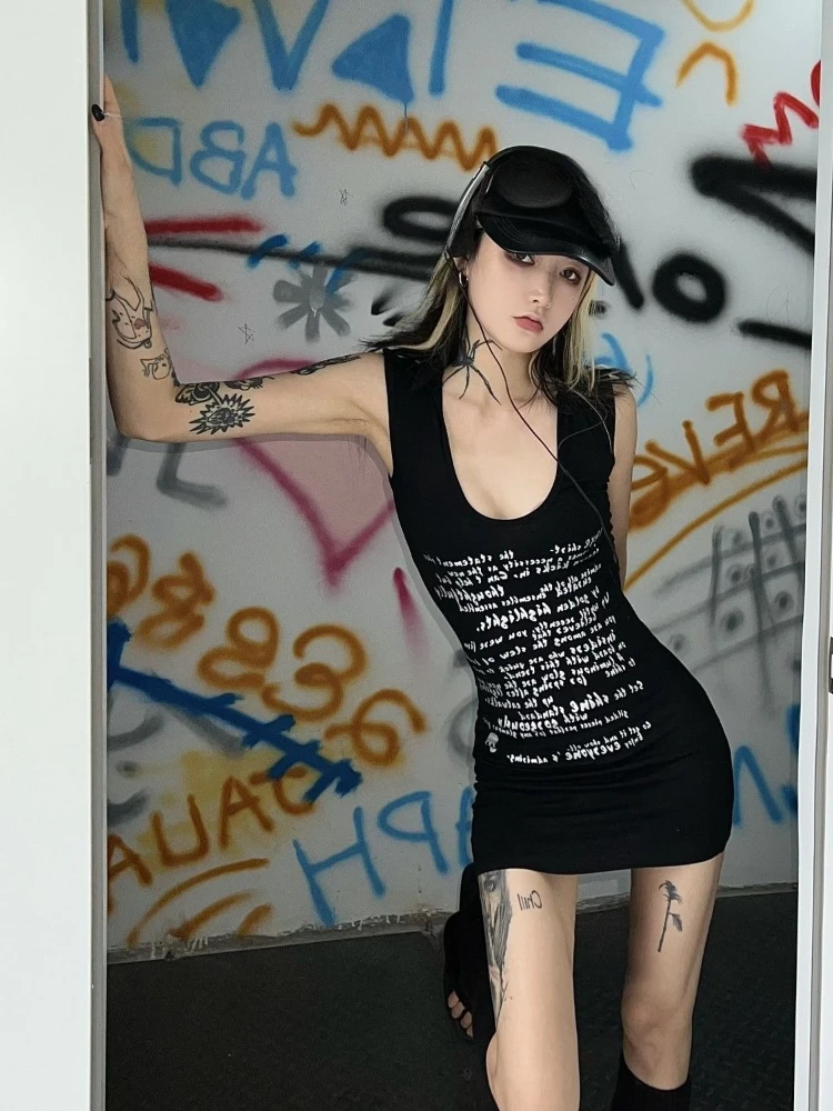 

Subculture сексуальное американское винтажное платье на бретелях 2000-х годов с принтом без рукавов облегающее мини-платье летнее цельное платье Y2k корейский шик