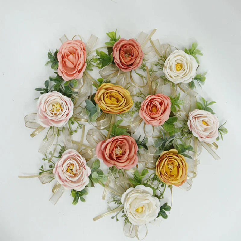 Boutonniere y Corsag de muñeca, suministros de boda, flor de boda, arte de simulación, accesorios para invitados de apertura de negocios, 432