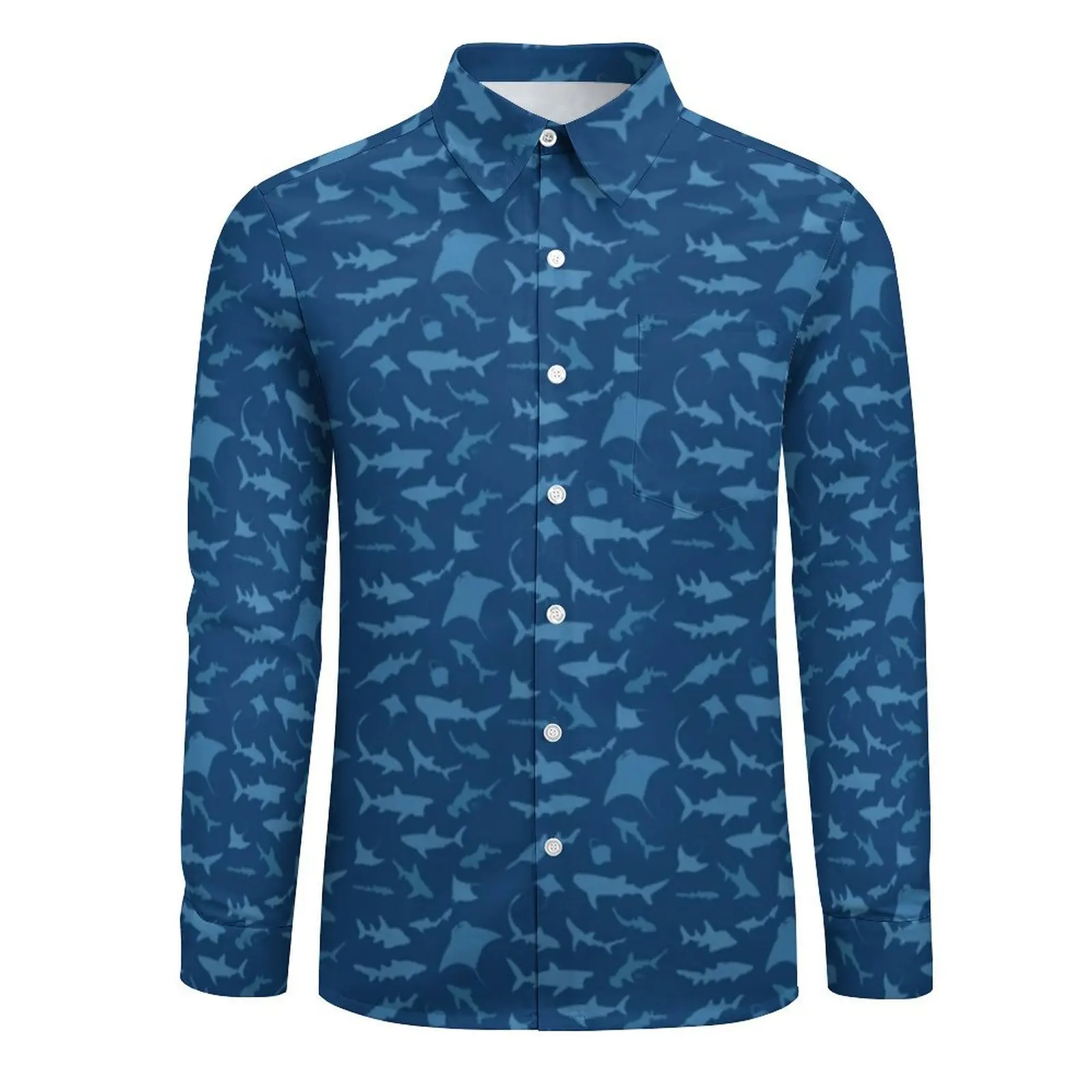 Sharks And Rays Shirt Spring Blue Sharks Print Casual Shirts Male Vintage Blouses Long Sleeve Pattern Y2K Street Tops Large Size