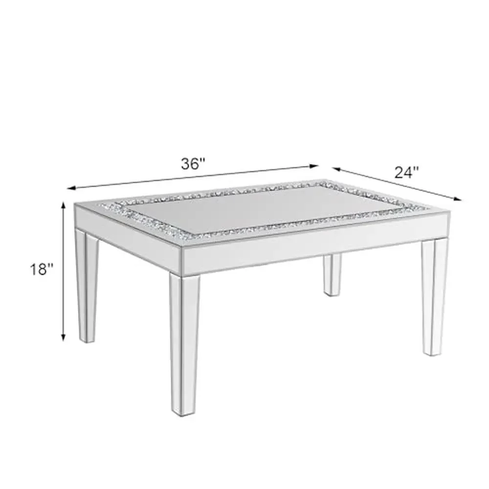 Mirrored Glass Inlay Coffee Table Crystal Accent Modern Living Room Center Table Chic Silver Finish Sturdy Legs Waterproof