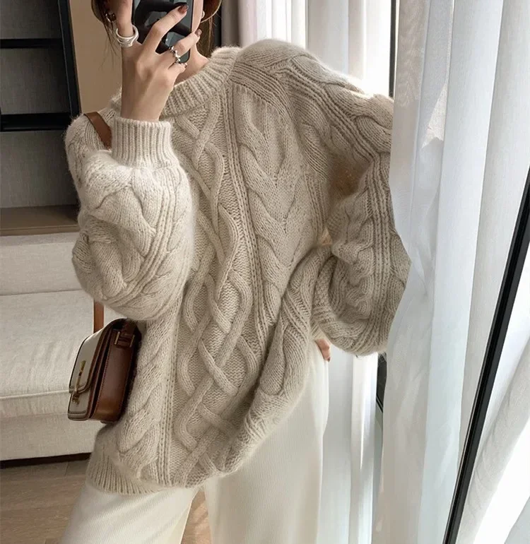 

Sweater Woman Winter 2025 Round Neck Bottoming Twist Sweater Lazy Wind Loose Casual Knit Pullover Long Sleeve Pullover Jumper