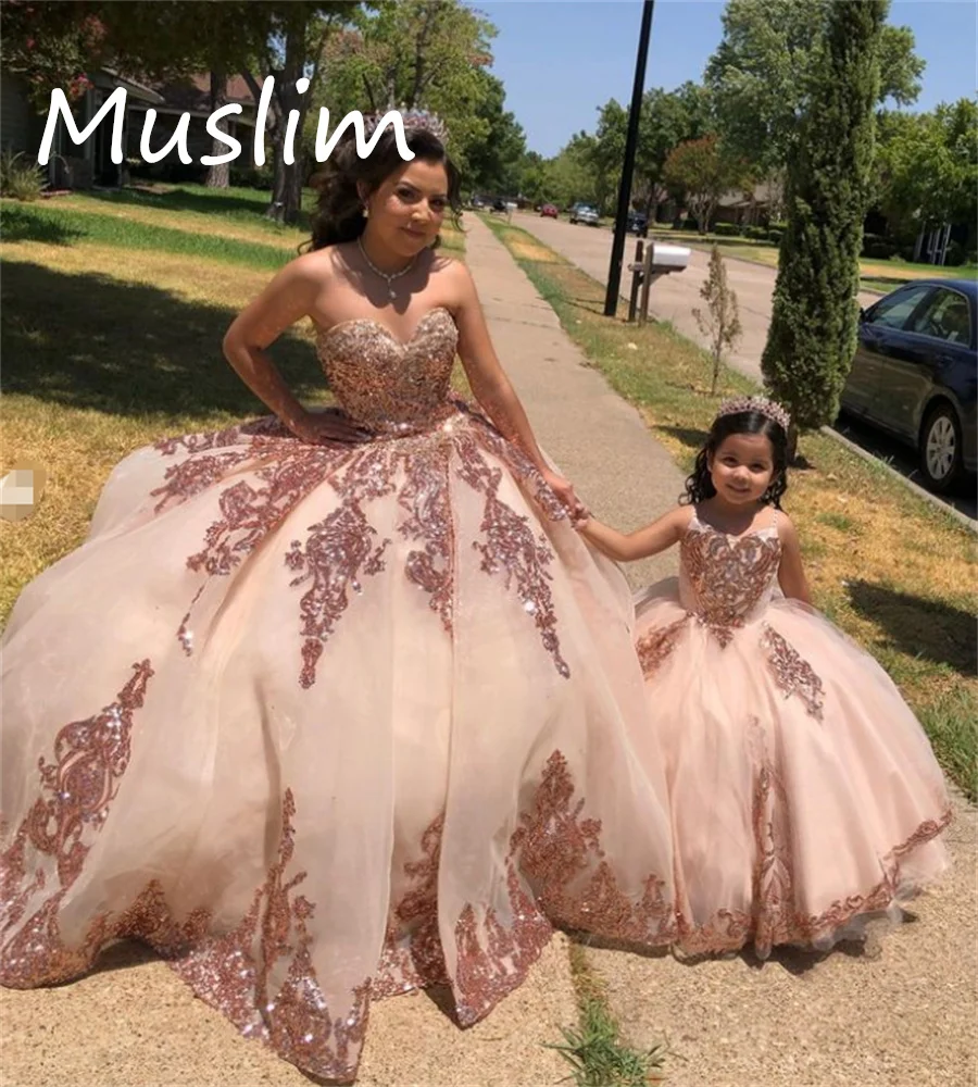 Customized Rose Gold Sequin Kid Birthday Dress Spaghetti Strap A Line Floor Length Applique Formal Pageant Party Gown Communion