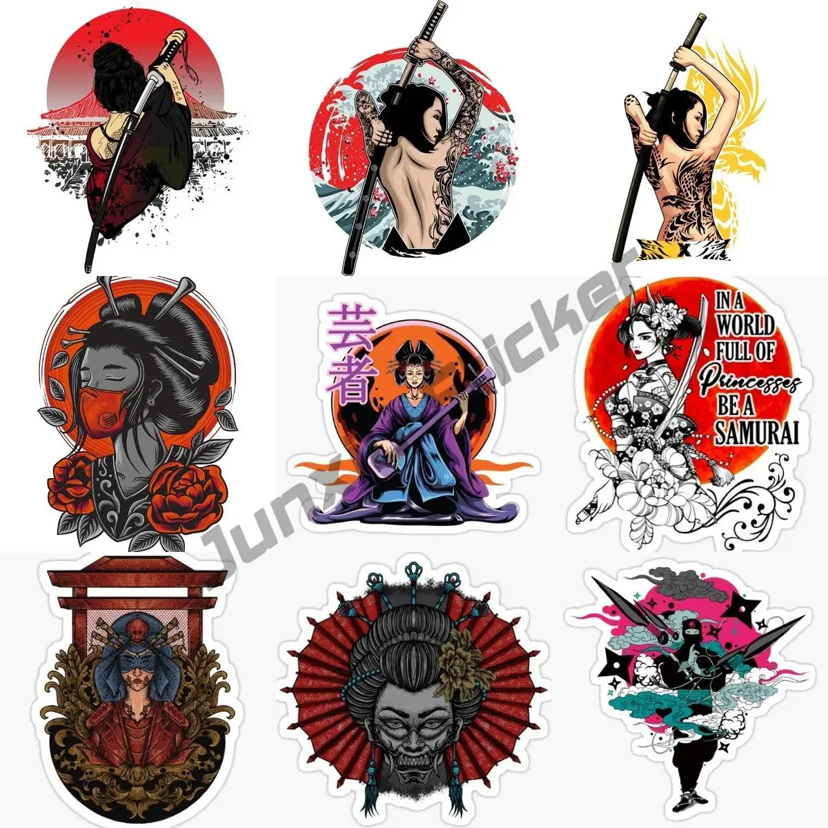 Japanese Female Samurai Car Stickers Caravan Funny Vinyl Car Accessoires Decal Waterproof Sunscreen