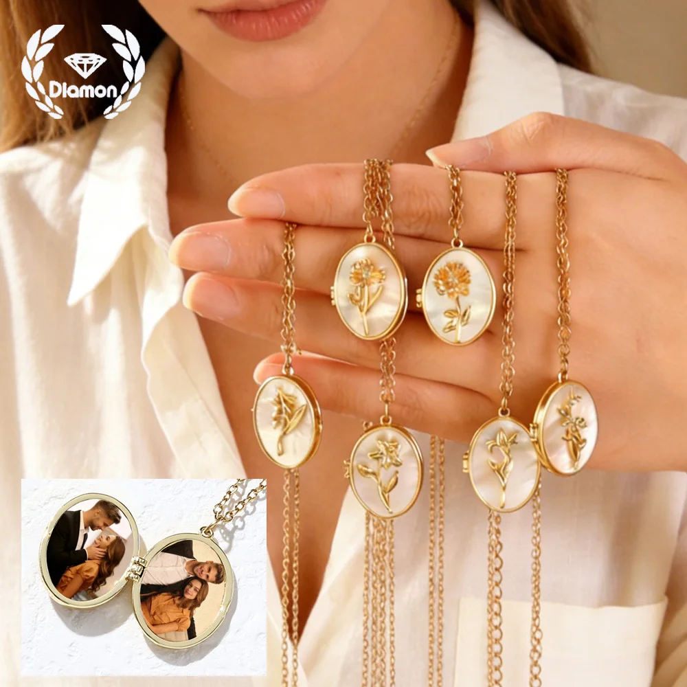 

Колье-рамка для фотографий с цветком рождения, индивидуальный дизайн, цветное, из нержавеющей стали, женское ювелирное украшение, памятный подарок для женщин на День святого Валентина, подарок для любимой