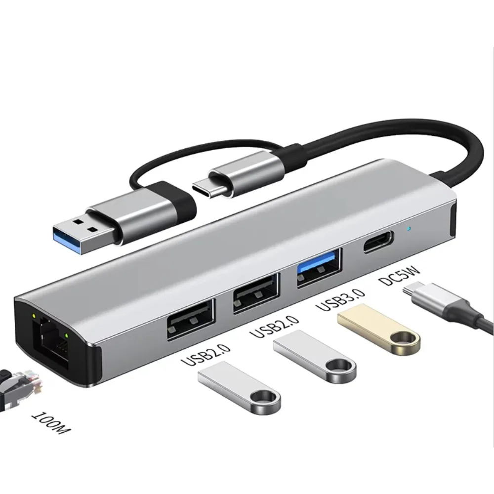 

USB C & USB-A to RJ45 100Mbps Ethernet Hub, 5-in-2 Multiport Adapter with USB 3.0 USB 2.0 DC 5W for MacBook Pro & Type-C Laptops