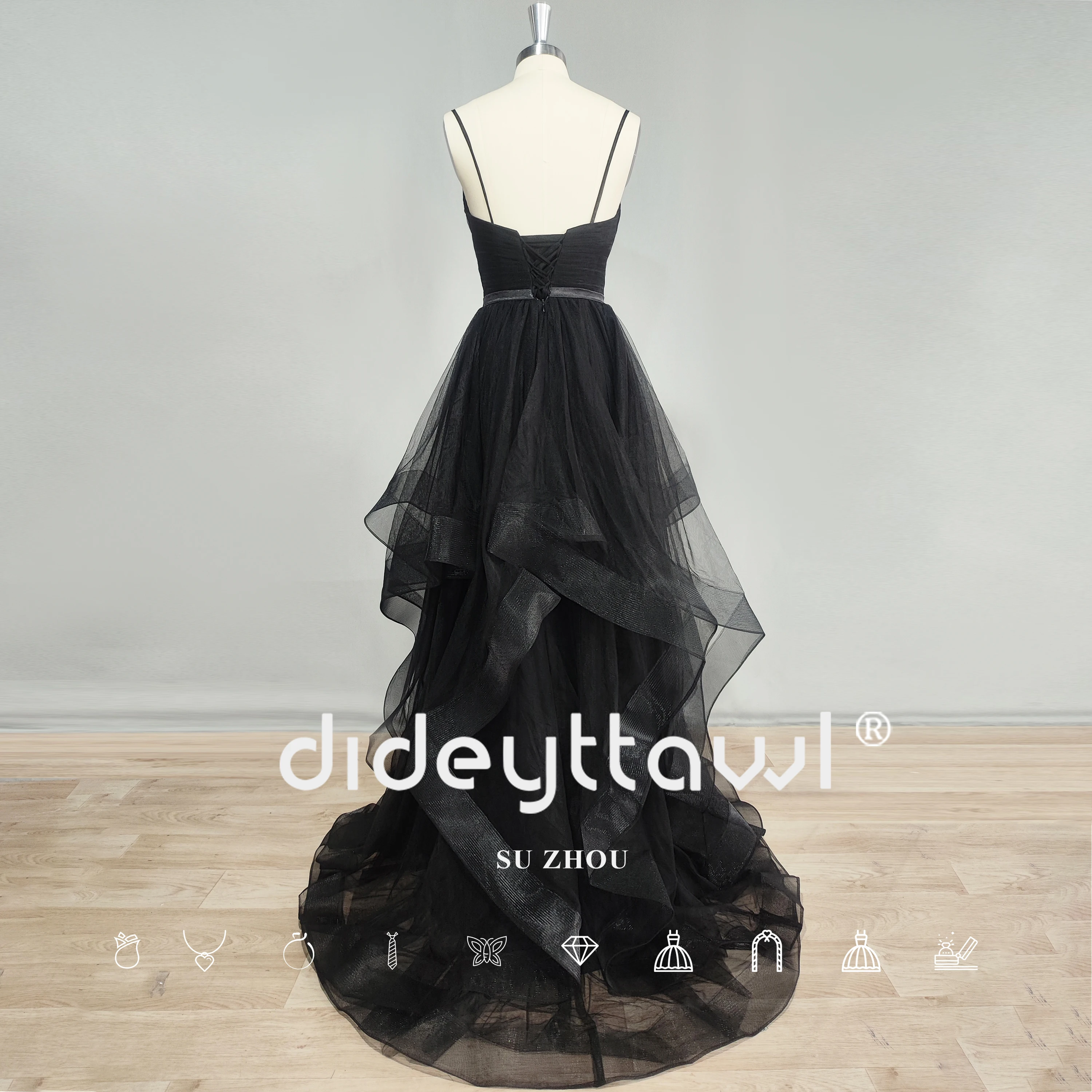 DIDEYTTAWL Real Photos Black Spaghetti Strap Tiered Prom Gown Tulle V Neck Rushed A Line Sleeveless Evening Dress