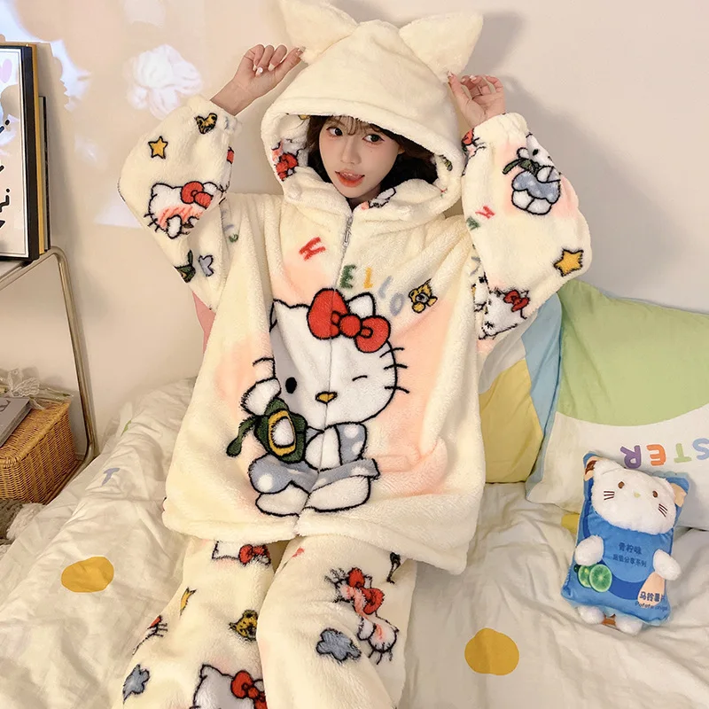 

Cute Sanrioed My Melody Hellokitty Pochacco Cinnamoroll Coral Fleece Pajamas for Women Winter Thick Zipper Warm Home Suit Set