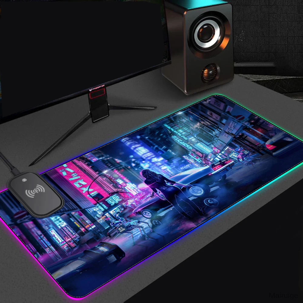 

Scifi City Lights Night Buildings RGB Wireless Charging Mouse Pad Computer Carpet Anime Led Gaming Mat Gamer Room Accessories