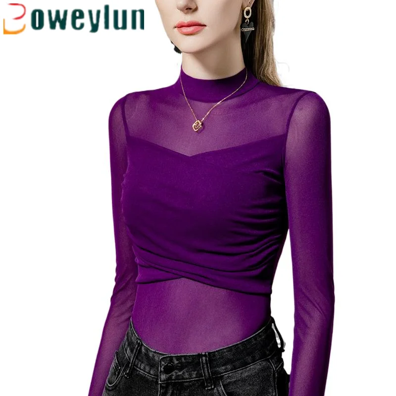 

Boweylun Autumn New Mesh Stand-up Collar Bottoming Shirt Female Slim Sexy Splicing Long-sleeved T-shirt Blouse Women