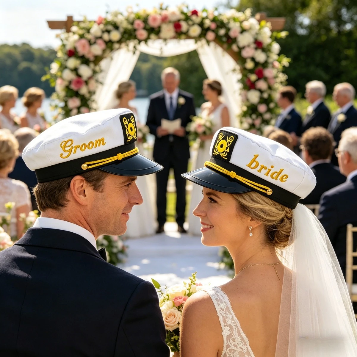 Nautical Captain Hats with Veil for Groom Bride Custom Skipper Yacht Sailor Bachelor Wedding Bridal Shower Honeymoon Decoration