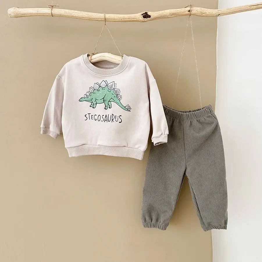 2PCS Newborn Baby Boys Clothes Set Dinosaur Prints Sweater+corduroy Pants Children\'s Clothing Girls Outfit Cotton Suit Spring