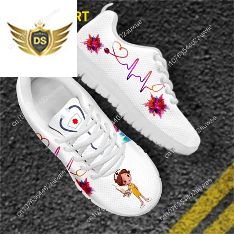 Funny Cartoon Nurse Girl Pattern Woman Flats Shoes Spring Autumn Mesh Lace Up Sneaker Female Casual Footwear Dropship